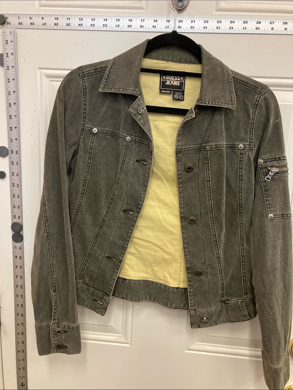Olive Green, Denim, Jacket, Yellow Lining, arm zipper,  Casual, Punk